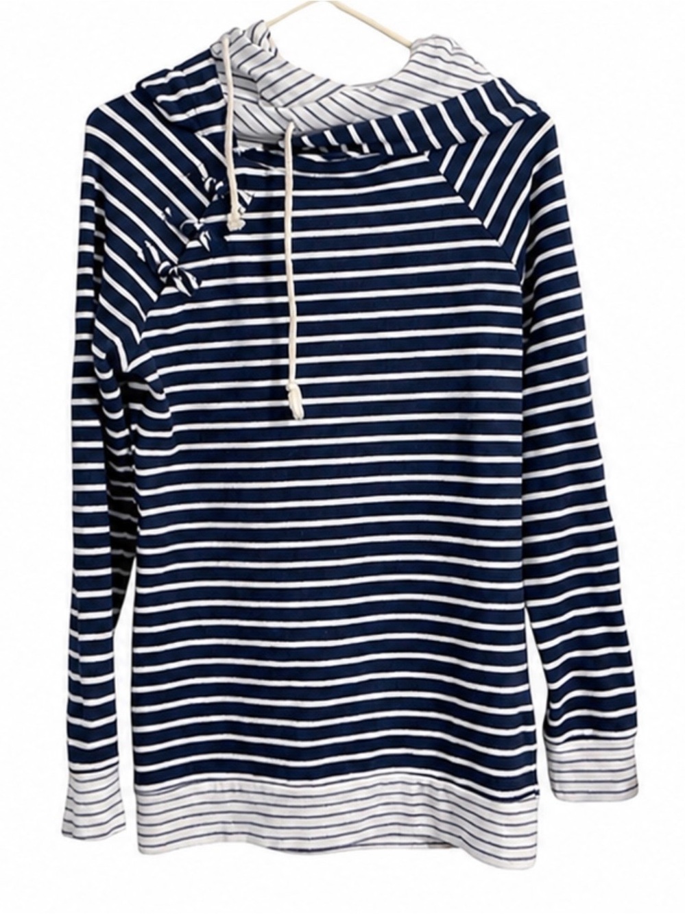 Ampersand Ave DoubleHood Hoodie M Navy White Striped Pullover Sweatshirt Coastal